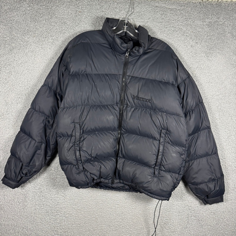 Marmot Mens Black Goose Down Puffer Jacket Nylon Quilted Full Zip Coat Outdoors